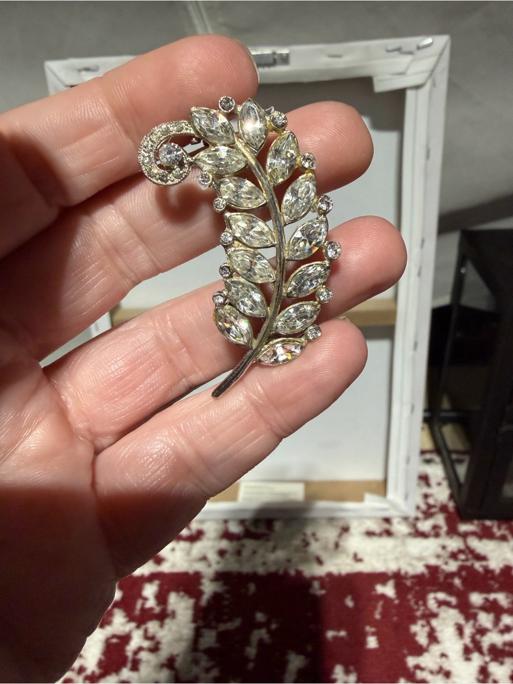 Vintage Signed Kramer New York Clear Rhinestone Leaf Feather Brooch Pin